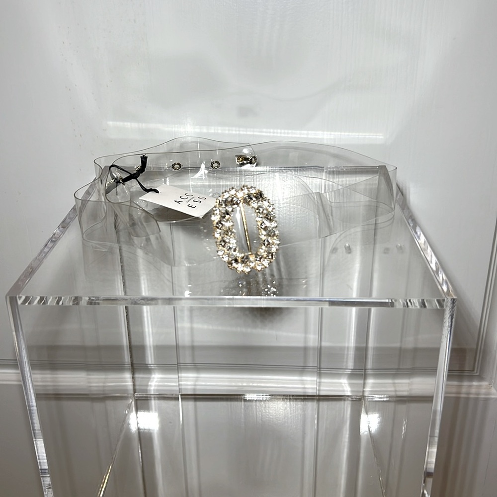 Access Fashion transparent belt with rhinestone buckle. Sz S/M